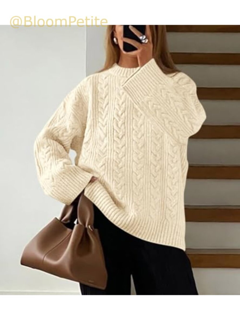 Oversized Cable Knit Crewneck Sweater Chunky Soft Pullover - Picture 5 of 6